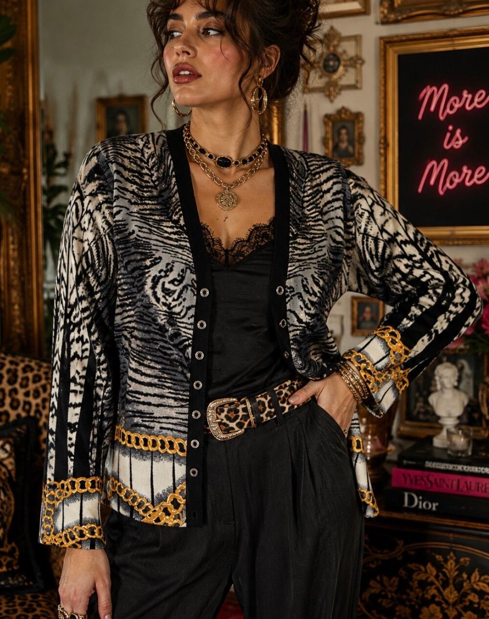 Cristina Paris Tiger Animal Print Chain Open Front Cardigan L/XL Y2K Mob Wife